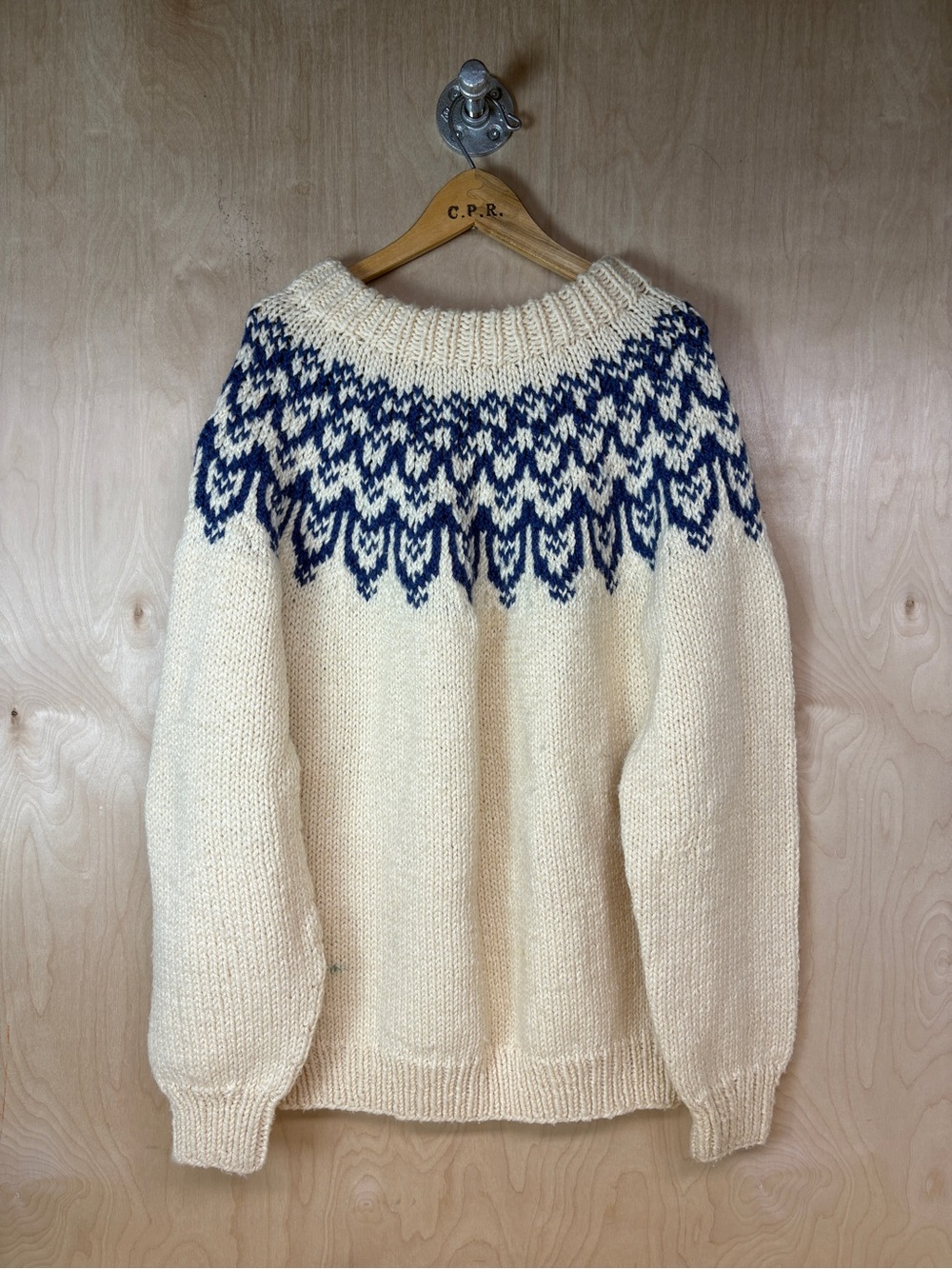 Hand Knit Cream & Navy Fair Isle Design Wool Sweater